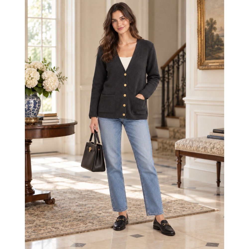 Nordstrom Point of View Merino Wool Cardigan Gray Gold Crest Button Large
